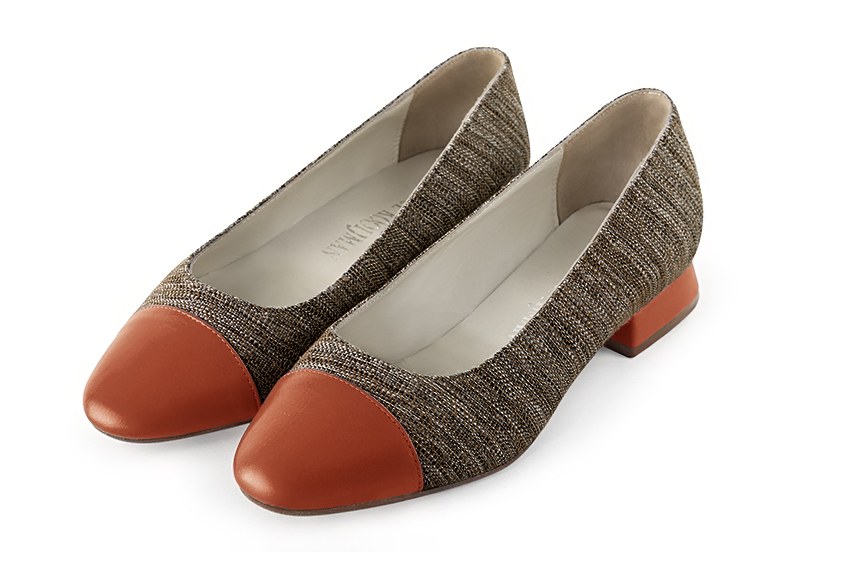 Terracotta orange and dark brown women's ballet pumps, with low heels. Round toe. Flat block heels. Front view - Florence KOOIJMAN